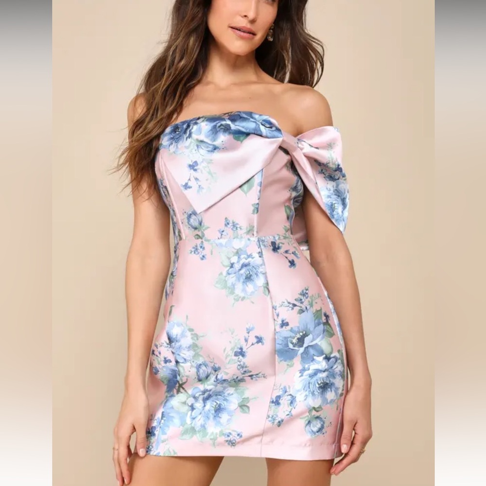 Lulu’s Soiree Darling Pink Floral Bow Off-the-Shoulder Mini Dress